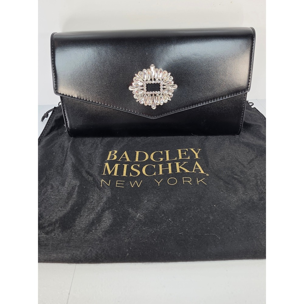 Badgley Mischka Black Leather Crystal Brooch Evening Envelope Clutch Bag NWT